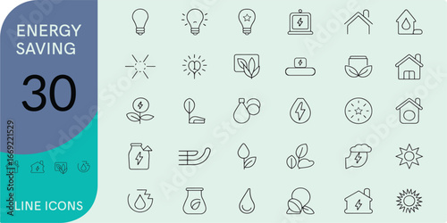 Energy Saving Line Editable Icons set. Vector illustration in modern thin line style of eco related icons: Energy Costs, Power Consumption Level, Green House and more. Pictograms and infographics
