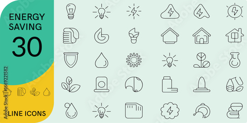 Energy Saving Line Editable Icons set. Vector illustration in modern thin line style of eco related icons: Energy Costs, Power Consumption Level, Green House and more. Pictograms and infographics