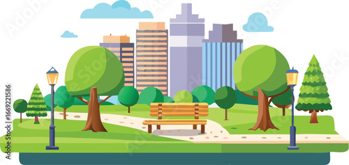Flat style illustration of a city park featuring a bench and trees, showcasing a serene outdoor environment.