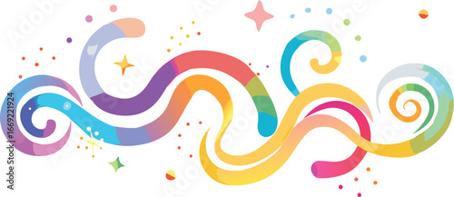 Colorful rainbow swirls and stars scattered on a white background, creating a whimsical and vibrant design.