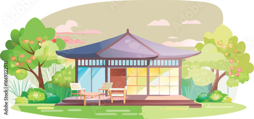 Illustration of a traditional Japanese house featuring a table and chairs in a serene indoor setting.