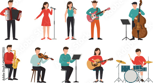 Musician Band Characters Playing Instruments, Performing Singers, Jazz Band, Orchestra, Music Performance Concept, Flat Vector Illustration, Isolated Icons