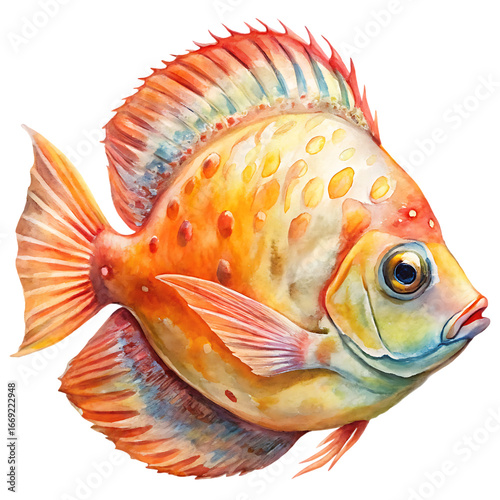 Colorful tropical fish watercolor painting isolated on transparent background