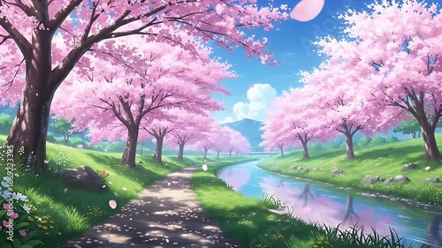 animation anime background of spring landscape with blooming sakura trees