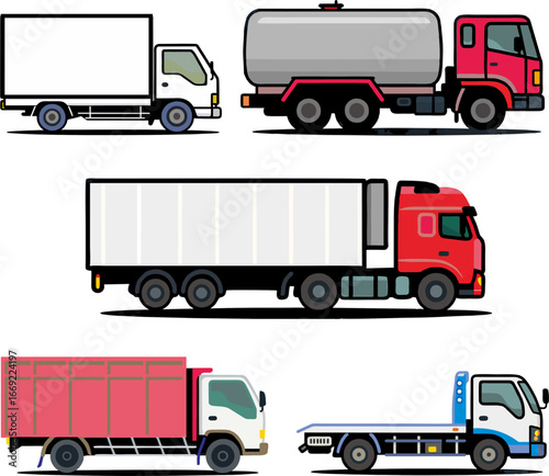 Vector illustration of various types of trucks including box, tanker, trailer, cargo and flatbed truck in colorful cartoon style