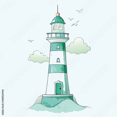 Illustration of a lighthouse with a green roof set against a backdrop of fluffy white clouds.