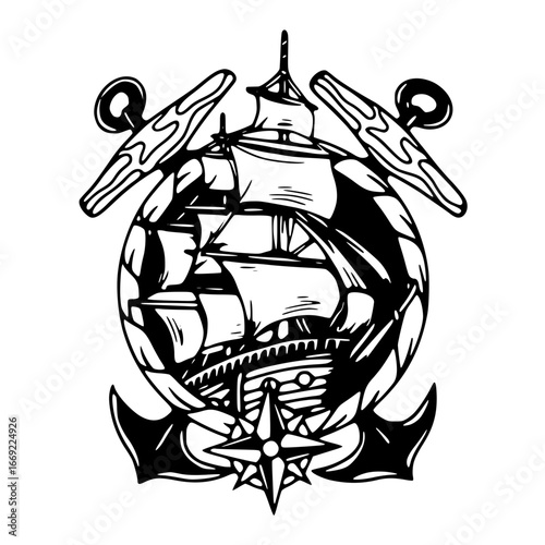 Old sailing ship with tattered sails