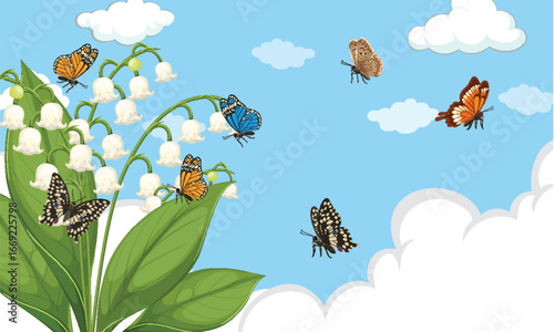Butterflies Flying Around Lily of the Valley Flowers