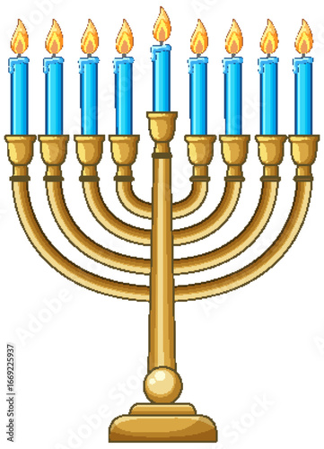 Golden Hanukkah Menorah with Blue Candles and Flames