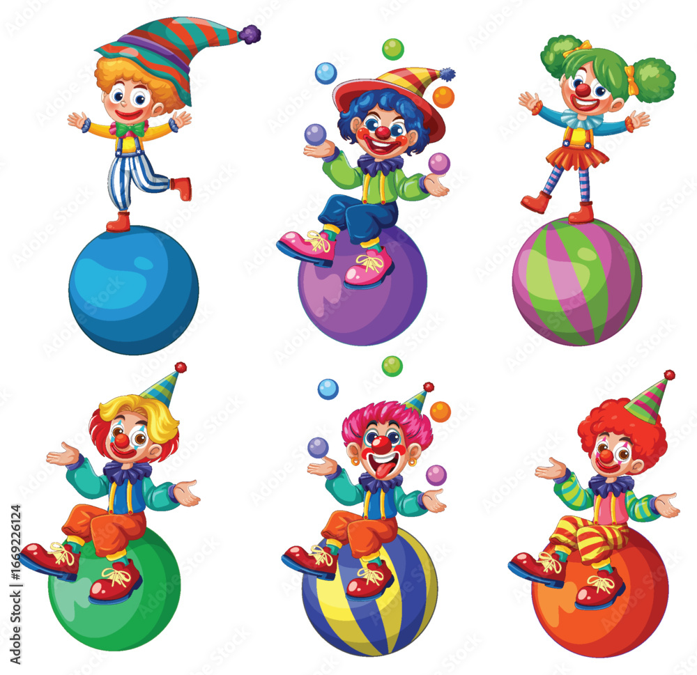 Naklejka premium Colorful Cartoon Clowns Balancing on Circus Balls