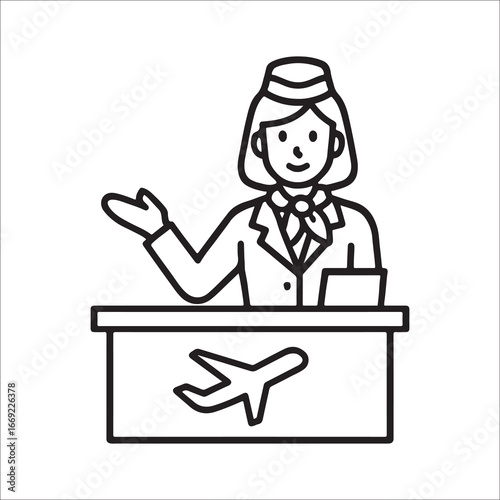 Airport Checkin Counter with Flight Attendant Service and Airplane Logo Outline Design Illustration for Travel and Tourism Concepts