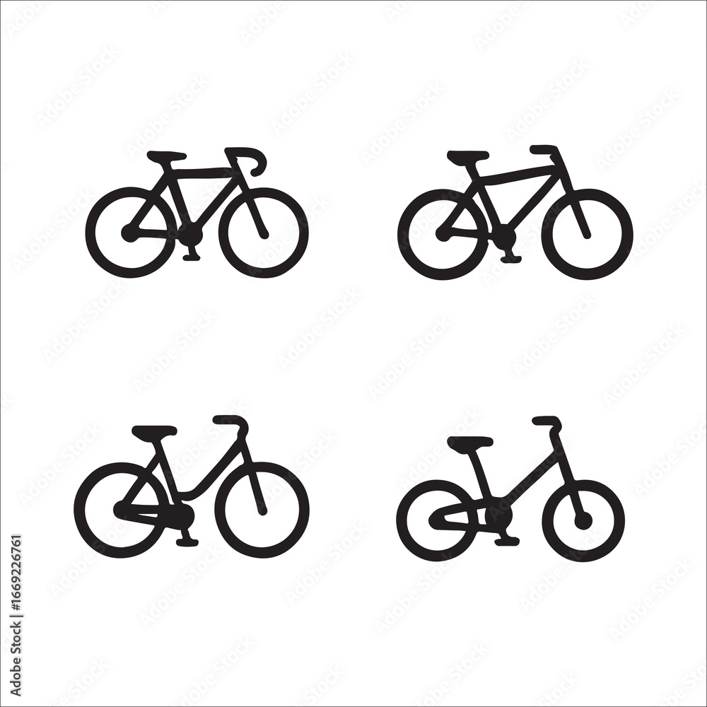 Fototapeta premium Four Different Bicycle Types Silhouetted on White Background Cycling Transportation and Eco Friendly Lifestyle Choices Promoting Health and Wellness