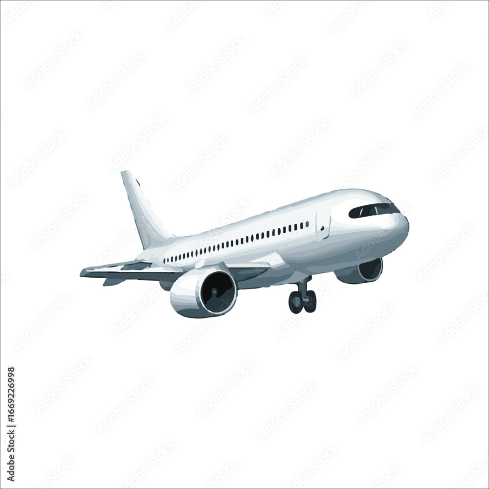 Obraz premium Modern Commercial Airplane Illustration on White Background for Travel and Transportation Design Projects with Detailed Wings and Landing Gear