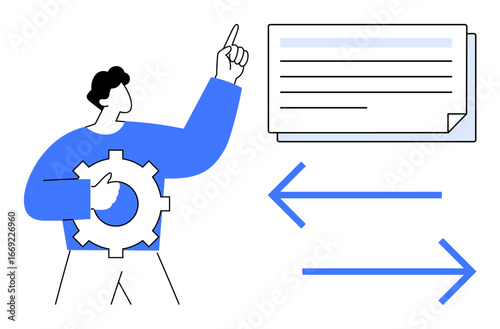 Man with gear points at text box with horizontal lines, arrows indicating data transfer. Ideal for teamwork, process flow, technology, business management, communication, workflow, simple flat