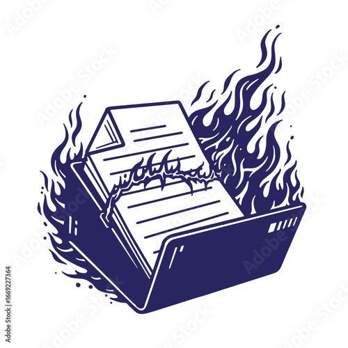 Burning documents symbolizing destruction of information and business data loss concept illustration