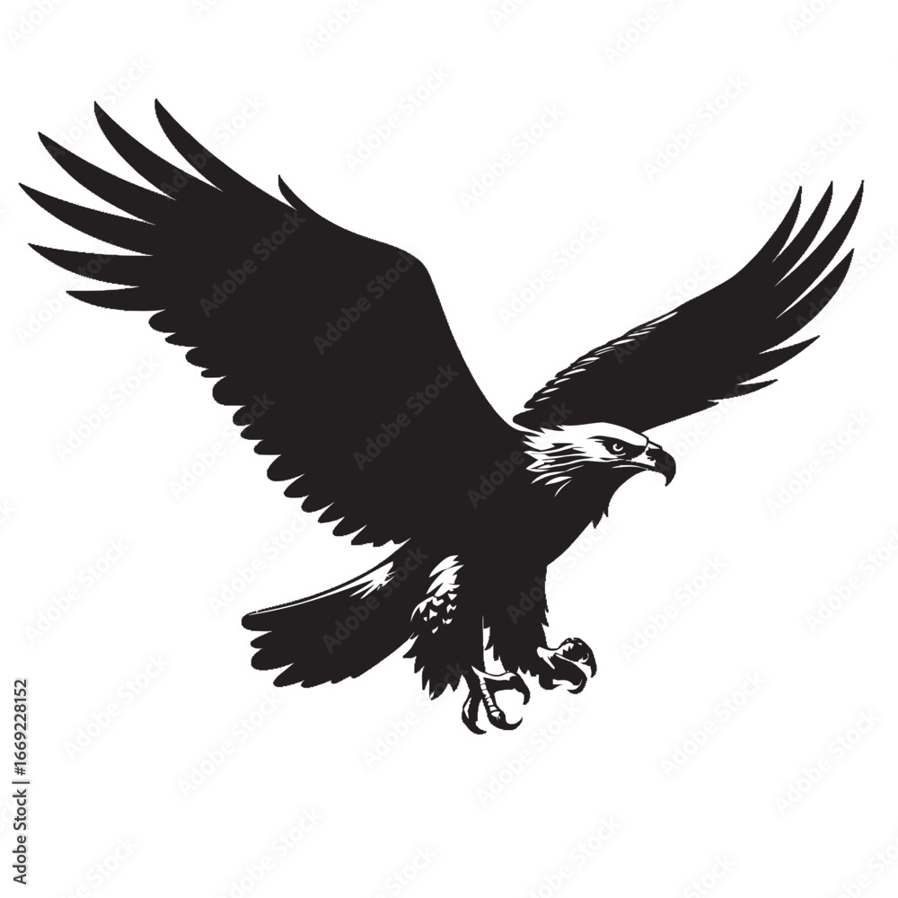 Obraz premium A vector silhouette of a flying eagle with spread wings against a white background
