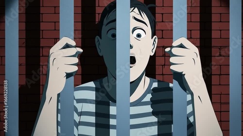 Monochromatic medium close-up of an Amaerican man cartoon behind jail bars looking serious