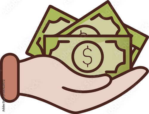 Hand holding a money icon, symbolizing finance and transactions in a vector illustration.