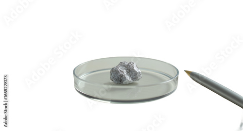 Close-up of a metallic sample in a petri dish on a laboratory table