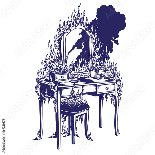 Burning vanity table with mirror illustration depicting anger destruction and chaos concept