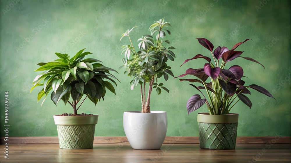 Fototapeta premium Three potted plants arranged on a wooden surface against a textured green wall