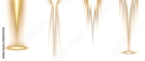 Vertical golden holy light beams with narrow tapered shape and radiant flare base isolated on transparent background for worship design, stage effect, and spiritual energy overlay
