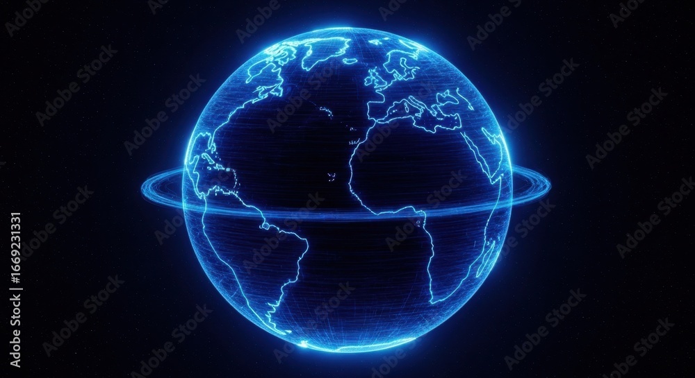 Fototapeta premium Digital Earth Globe with Glowing Blue Outlines in Space