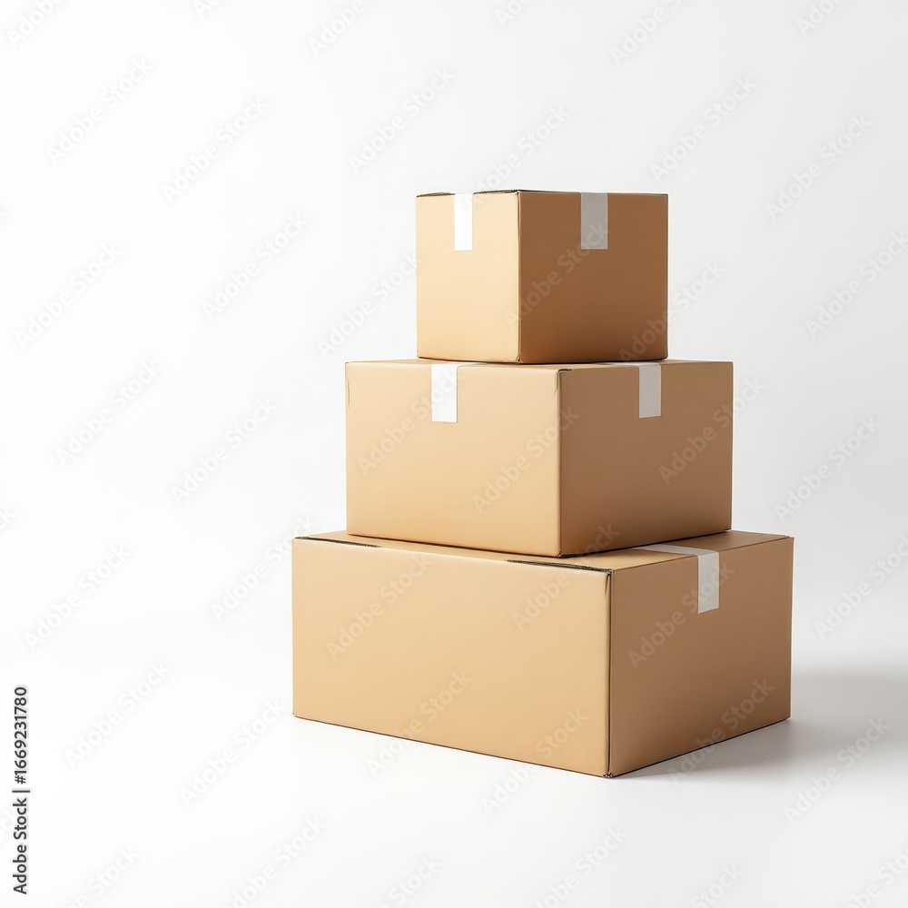 Obraz premium Three stacked cardboard boxes, light brown, sealed with white tape, against a white background; smallest on top, largest at bottom
