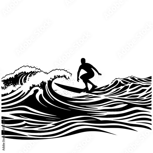 Silhouette of a surfer riding a wave in a black and white illustration