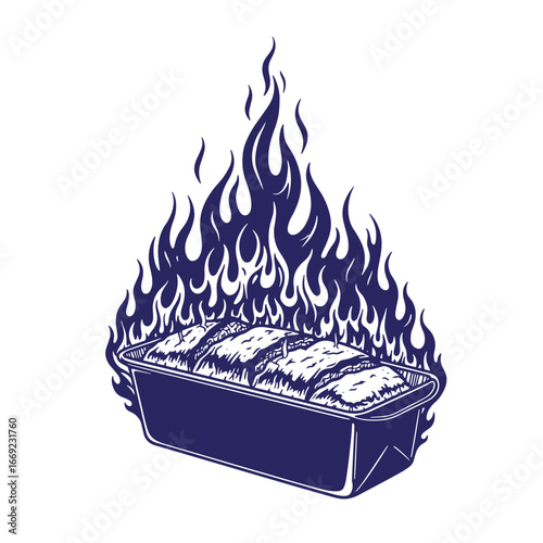 Delicious baked meatloaf in a pan surrounded by intense vibrant blue flames illustration