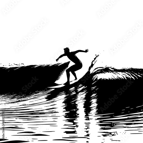 Silhouette of a surfer riding a wave with reflection in black and white