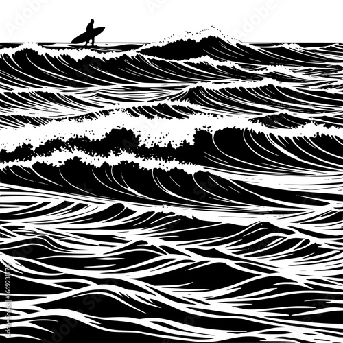 Silhouette of surfer with board on black and white ocean wave pattern