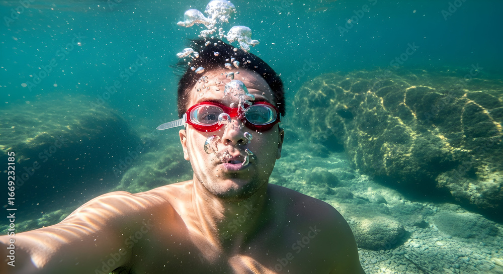 Fototapeta premium A man takes a selfie underwater while snorkeling, bubbles floating around his face, clear turquoise water and sunlight shining through.