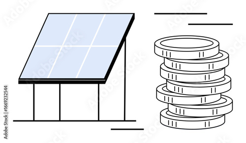 Solar panel next to stacked coins, representing renewable energy adoption, cost savings, green investment, and financial efficiency. Ideal for sustainability, clean energy, eco-economy, environmental