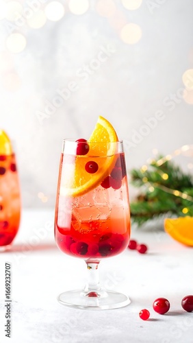 Festive cranberry-orange drink in a stemmed glass with ice, garnished with an orange slice and cranberries, set against a blurred background of lights