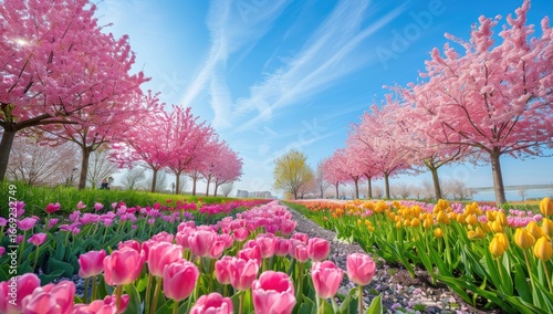 Wallpaper Mural Spring tulips and cherry blossoms path, Netherlands Torontodigital.ca