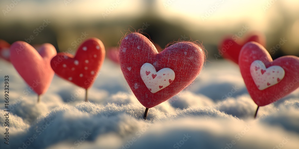 Fototapeta premium Romantic Red Hearts in Snowy Landscape Valentines Day