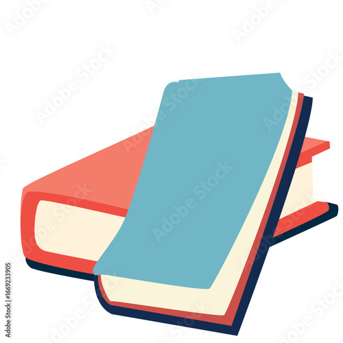 Flat 2d illustration of stacked books with bookmark, representing reading, knowledge, study, literature, education, wisdom, research, learning, imagination, and discovery.
