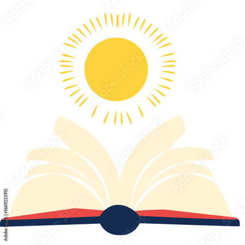 Flat 2d illustration of an open book with shining sun, symbolizing knowledge, enlightenment, wisdom, education, inspiration, imagination, learning, and creativity.
