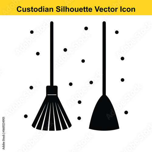 Black broom and dustpan silhouettes cleaning sweeping