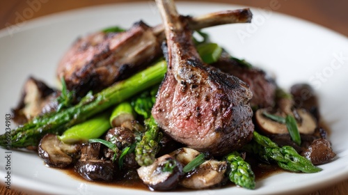 Grilled lamb chops served with asparagus and mushrooms.