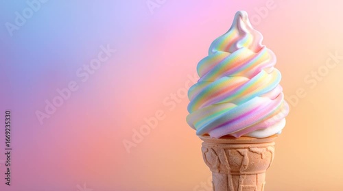 Close up of a swirled rainbow sherbet ice cream cone on a pastel gradient colored background