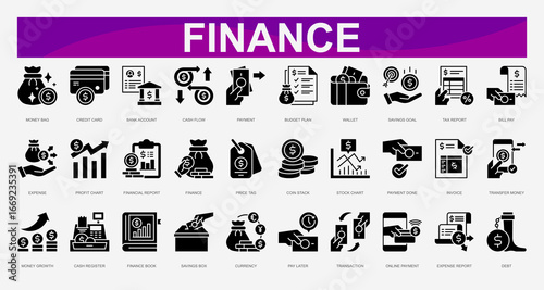 Finance glyph Icons set. Vector illustration. Money Bag, Credit Card, Bank Account, Cash Flow, Payment, Budget Plan, Wallet, Savings Goal, Tax Report, Bill Pay.Vector illustration
