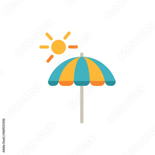 A colorful beach parasol protects a vibrant red ball on a summer day by the sea
