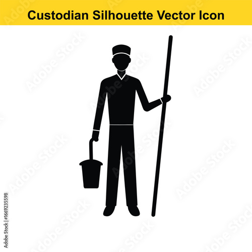 Black silhouette of a custodian holding cleaning tools