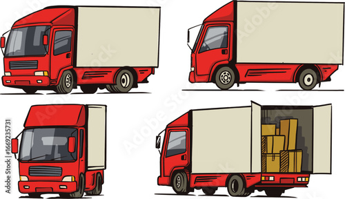 Red Delivery Cargo Truck with Boxes – Multiple Views