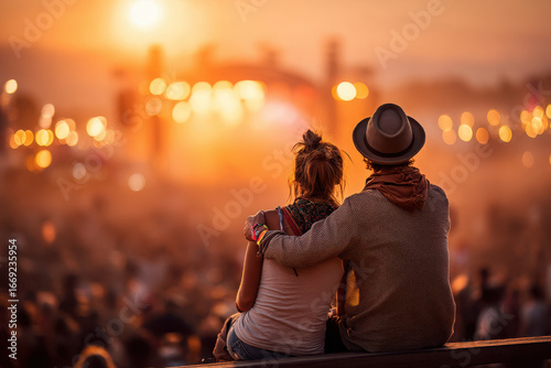 Couple enjoying a vibrant music festival at sunset outdoor concert romantic atmosphere creative environment captivating viewpoint