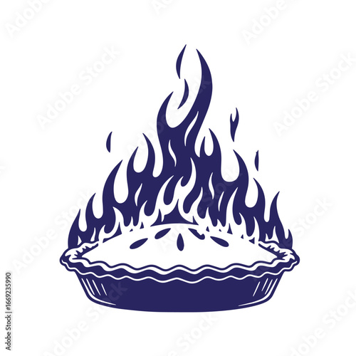 Flaming pie illustration depicting a delicious and hot dessert baked with passion for food