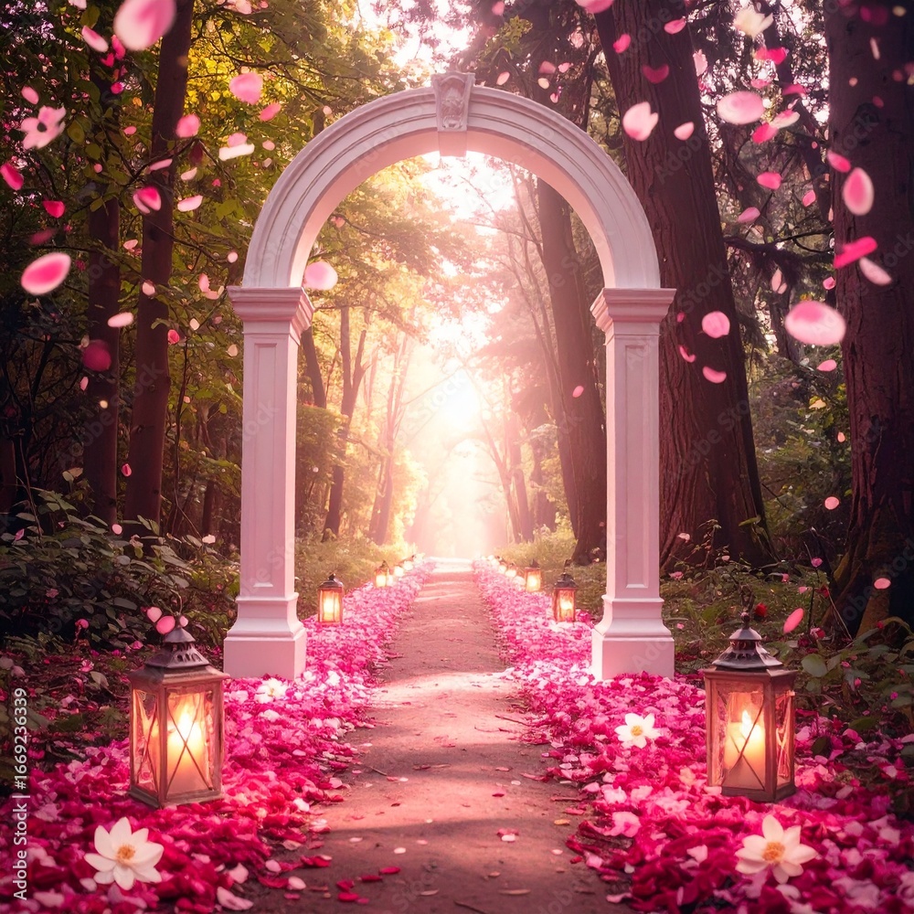 Fototapeta premium A beautiful archway at the end of a petal-covered path, illuminated by a gentle light, set in a serene and magical forest