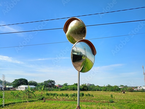 Photography convex mirror, rural landscape, rice fields, blue sky, reflection, agriculture, outdoor, Central Java, Indonesia